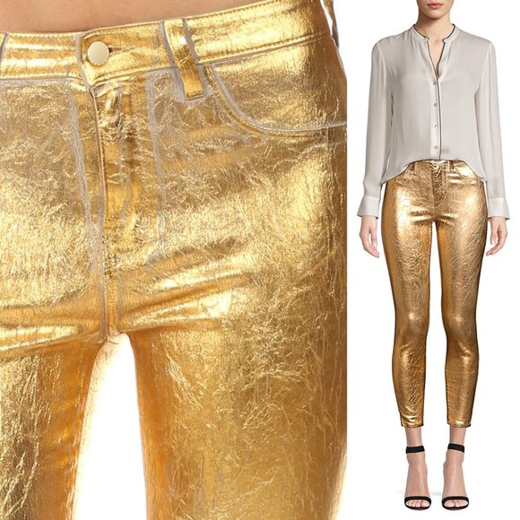 L'AGENCE Pants - L'AGENCE Margot High Rise Skinny Metallic Crackle Gold Foil Pants 24 XS NEW